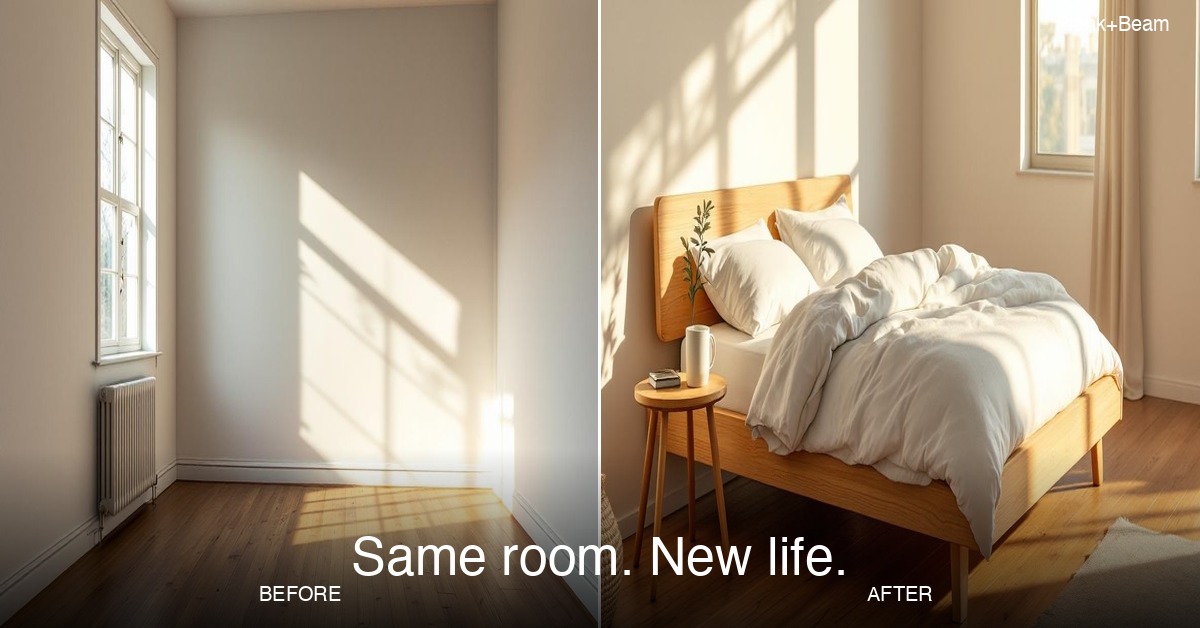 Before and after room transformation with Plank+Beam bed