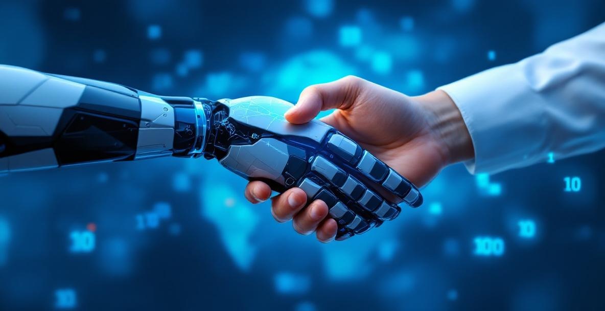 The classic AI cliché — robot handshake over blue gradient. Every AI tool generates this.