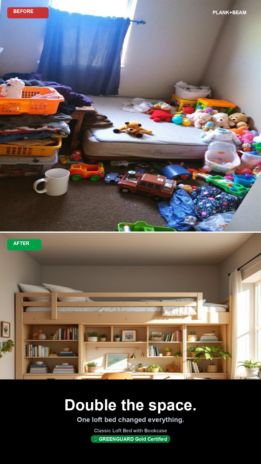 Room transformation — small kids room to organized loft bed space