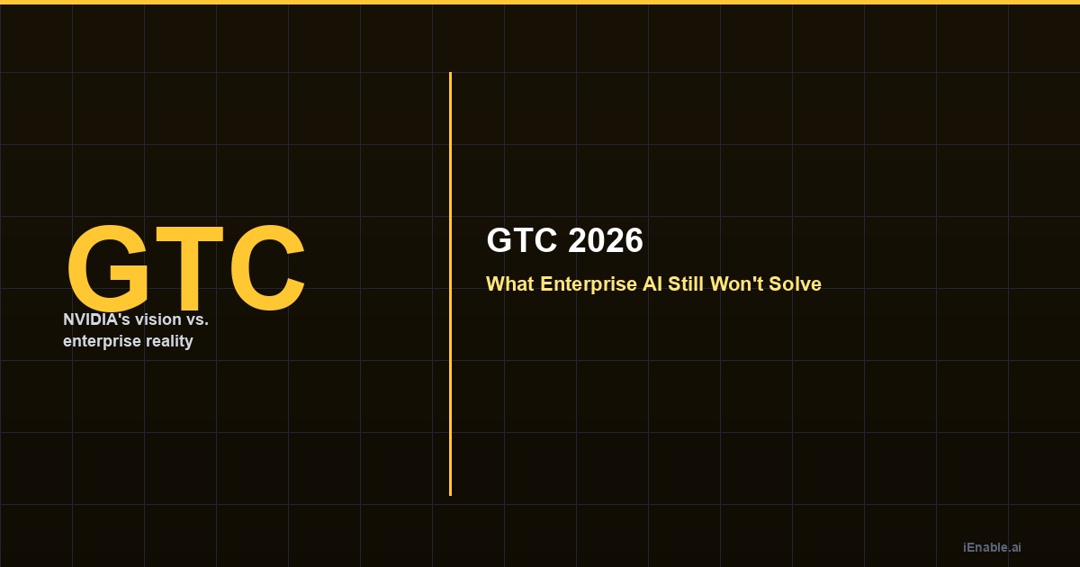 A massive conference stage with AI hardware announcements on screen while a knowledge worker in the audience looks at an unanswered question on their laptop