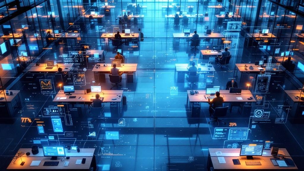 Enterprise office with workers surrounded by AI interfaces showing shallow usage patterns