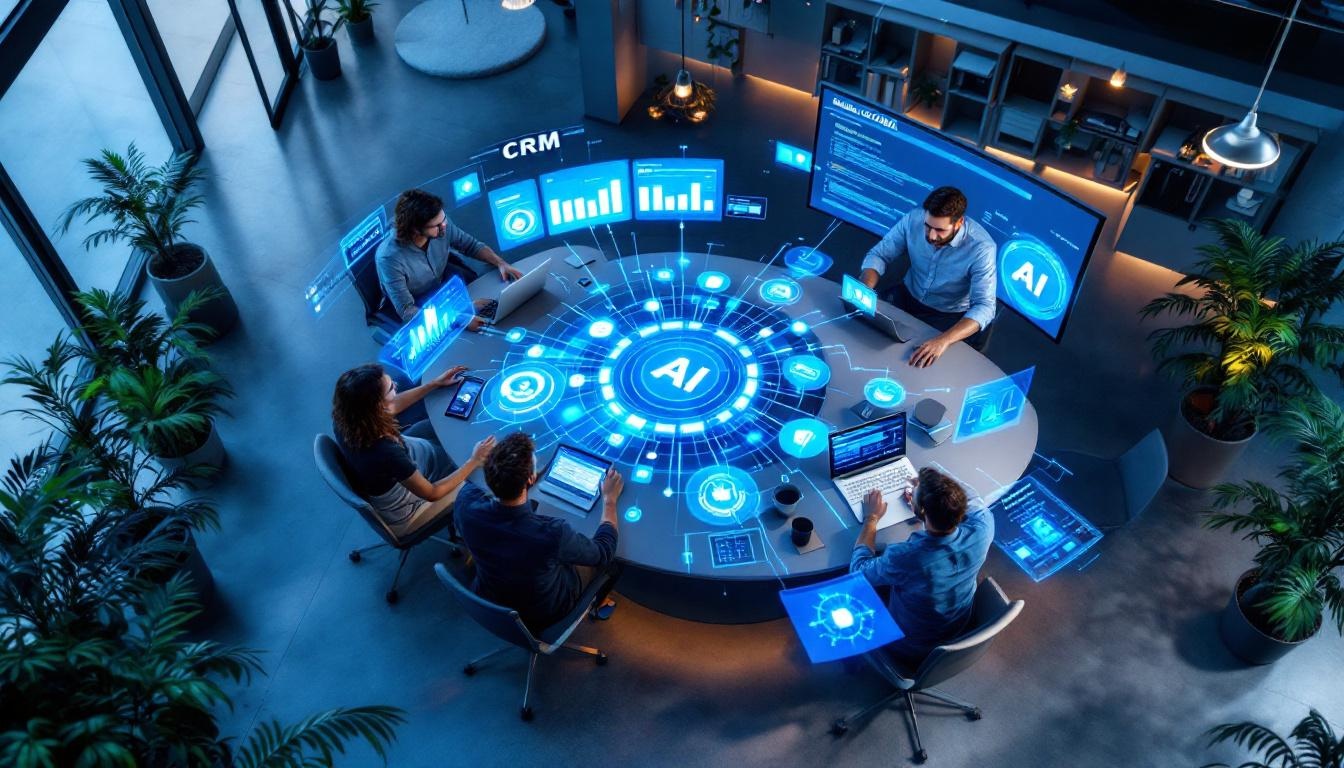 Modern sales workspace with CRM data flowing into AI system visualization